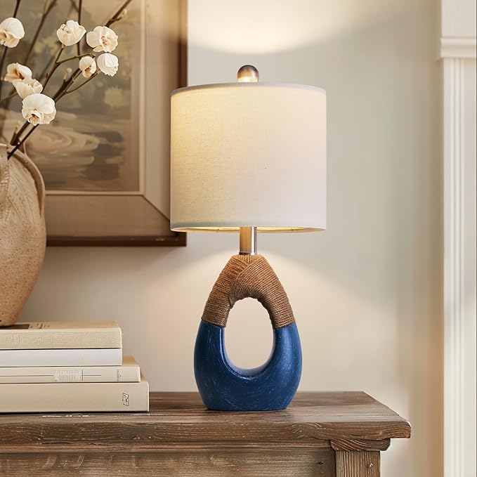 OYEARS 19" Table Lamp for Living Room,Boho Lamp for Bedroom, Bedside for Nightstands, Suitable for Small Space,Coastal Farmhouse, End Table, Rattan Nautical Beach Style, Blue,1 Pack - Bloomnest
