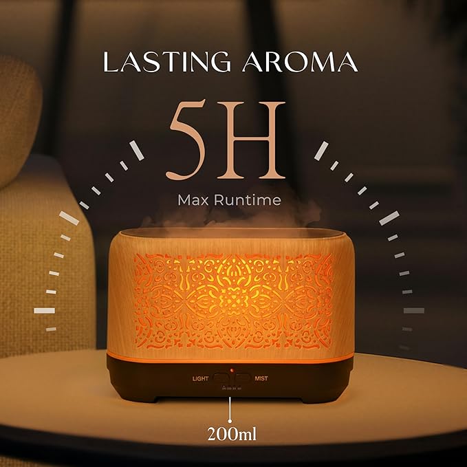 Earnest Living Essential Oil Diffuser Classic Flame Diffuser 200ml Timers Night Lights and Auto Off Function Home Office Humidifier Aromatherapy Diffusers for Essential Oils Wood EarnestLiving