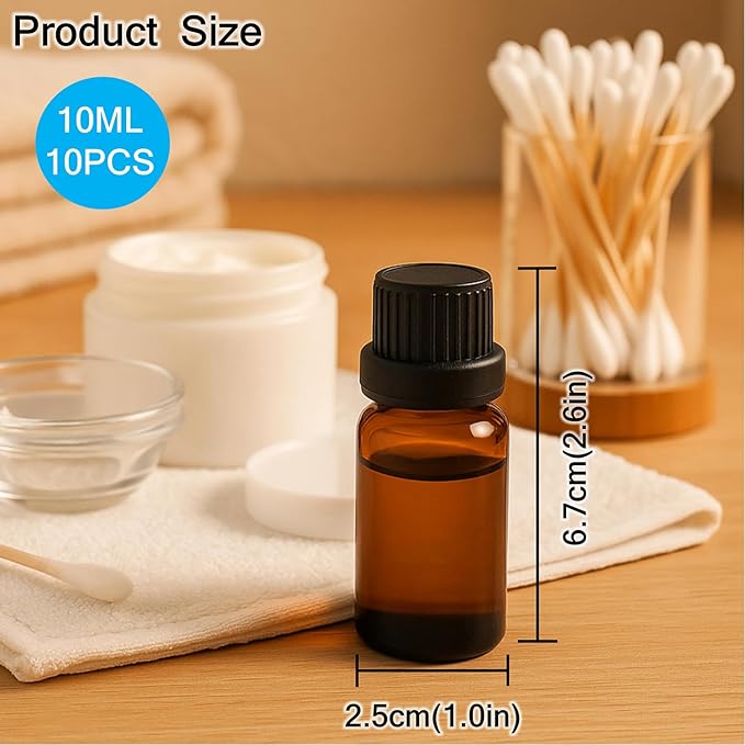 10Packs 10ml Amber Glass Essential Oil Bottles Refillable Dropper Vials with Black Caps and Orifice Reducer Empty Sample Containers for Essential Oils, Perfume, Aromatherapy, DIY Crafts