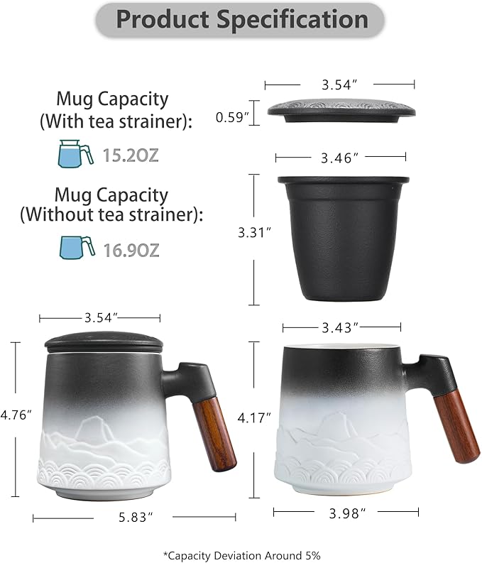 ZENS Tea Mug with Infuser and Lid for Loose Leaf Tea Steeper, 16.9oz Embossed Ceramic Tea Cup with Fine Tea Strainers, Wood Handle Large Diffusers Mugs for Tea Lovers Gifts