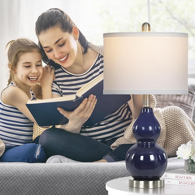 Double Gourd Ceramic Table Lamps Set of 2, Modern Navy Blue Bedside Lamps for Night Stand, Contemporary Nightstand Lamps for Bedroom Living Room (Bulb Included) - Bloomnest
