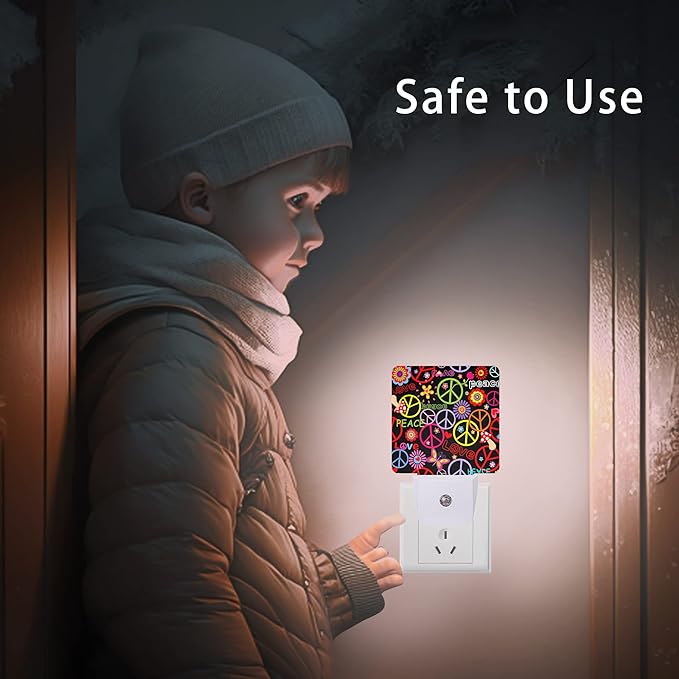 Hippie Peace Flowers Night Light,Hippies Plug-in Night Lights with Dusk-to-Dawn Sensor for Bedroom, Bathroom and Living Room 0.5W Sleep Friendly lamp for for Girlfriend/Boyfriend Gift - Bloomnest