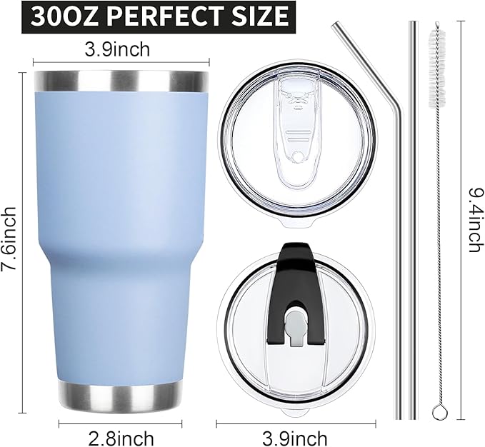 30 oz Tumbler with Lids and Straws Double Wall Vacuum Insulated Tumbler Cup,Stainless Steel Leak-proof Thermal Tumbler Travel Coffee Mug for Cold and Hot Drinks,Baby Blue - Bloomnest