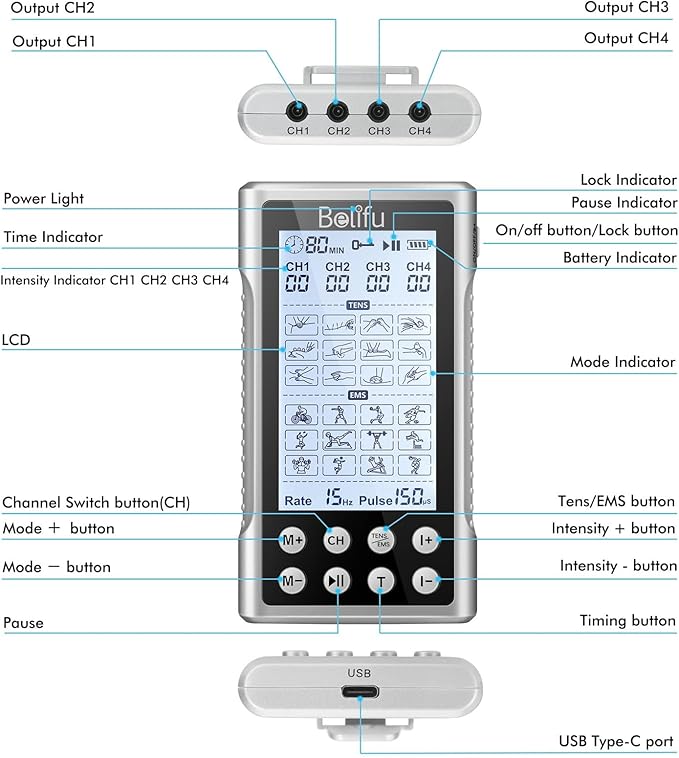 Belifu 4 Channel TENS EMS Unit – 24 Massage Modes & 30 Intensity Levels, Rechargeable Electric Pulse Muscle Stimulator with 10 Pads & 5 Lead Wires for Pain Relief & Therapy, Color Silver Belifu