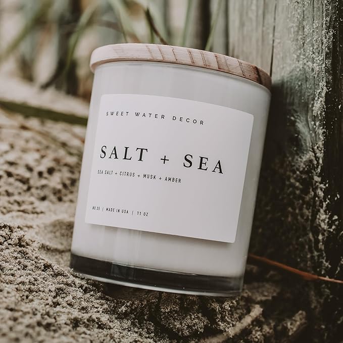 Sweet Water Decor Salt and Sea Candle - Sea Salt, Citrus, Amber, Musk, Beach Scented Soy Candles for Home - 11oz White Glass Jar + Wood Lid, 50+ Hour Burn Time, Made in The USA - Bloomnest