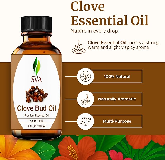 SVA Clove Essential Oil Organic – 4 Fl Oz – 100% Natural Organic Clove Oil - for Diffuser, Hair Care, Face, Skin Care, Aromatherapy, Scalp and Body Massage, Soap and Candle Making - with Dropper - Bloomnest
