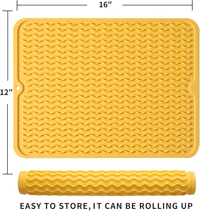 Silicone Dish Drying Mat for Multiple Usage,Easy clean,Eco-friendly,Heat-resistant Silicone Mat for Kitchen Counter or Sink,Refrigerator or drawer liner Yellow L 16 inches x 12 inches - Bloomnest