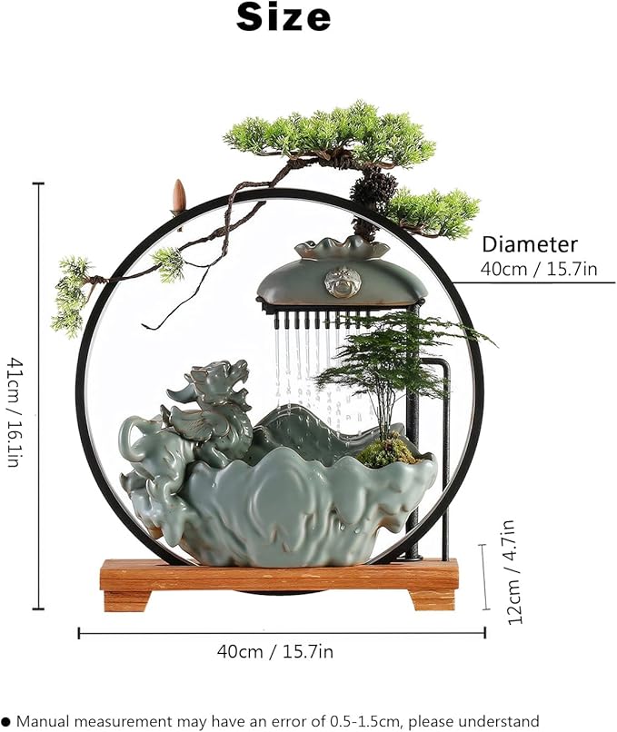 Waterfall Fountain Indoor with Mist, Tabletop Water Fountain,Desk Chinese Ceramic Pixiu Statue with LED Light Ring and Backflow Incense Burner Holder - Bloomnest