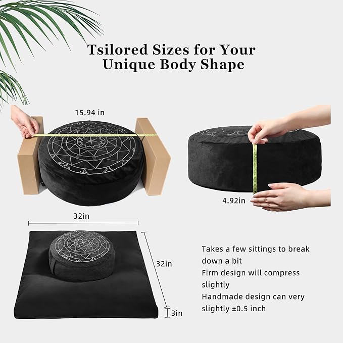 Zafu & Zabuton Meditation Cushion Set - Buckwheat Hull & Memory Foam Pillows, Ergonomic Support for Yoga, Mindfulness - Organic Velvet Cover, Large Size, Durable Comfort (Black) - Bloomnest