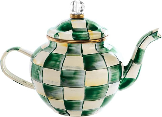 MACKENZIE-CHILDS Enamel Teapot, Cute Small Teapot with Lid, 4-Cup Capacity, Green-and-White Emerald Check - Bloomnest