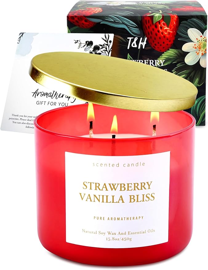 Strawberry Vanilla Aromatherapy Candle - Large 3 Wick Soy Scented Candle 15.8 oz - Relaxing Vanilla Candle for Home & Stress Relief - Long Lasting Natural Candles Gift for Women & Men - Clean Burning - Bloomnest