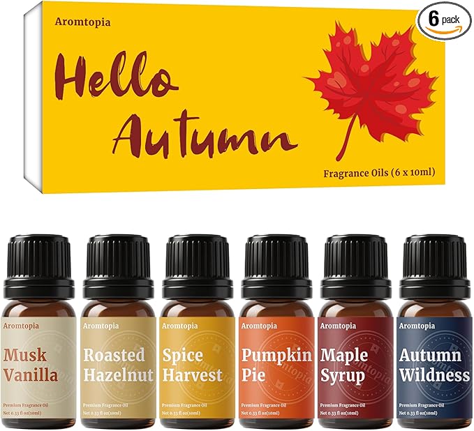 Diffuser Essential Oils, Aromtopia Fall Fragrance Oil for Candle Making, Essential Oils for Diffusers for Home, 6x10ml Autumn Set, Soap Making Scents, Pumpkin Pie, Musk Vanilla, Autumn Wildness, More - Bloomnest