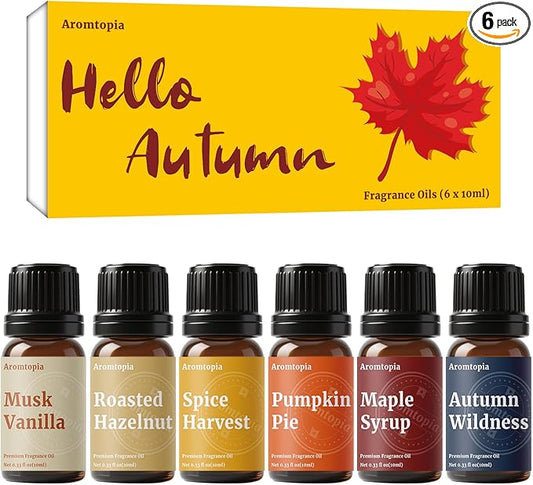 Diffuser Essential Oils, Aromtopia Fall Fragrance Oil for Candle Making, Essential Oils for Diffusers for Home, 6x10ml Autumn Set, Soap Making Scents, Pumpkin Pie, Musk Vanilla, Autumn Wildness, More - Bloomnest