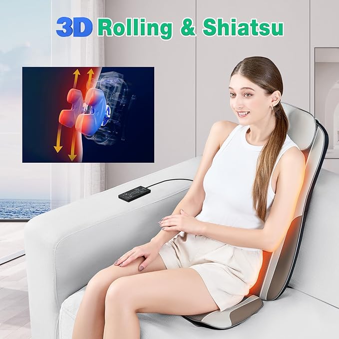 Shiatsu Back Massager with Heat, Massage Chair Pad with Deep Tissue Kneading, Seat Massager for Back Pain Relief, Vibration Cushion with Smart Timer, Home Office Travel Use, Gift for Men Women Mom Dad - Bloomnest