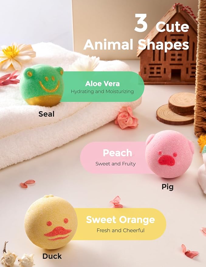 Momcozy Natural Essential Oil Bath Bombs,3 Pcs Bubble Bath Fizzy Balls with 3 Cute Shapes,Bath Bombs Gift Set for Kids Girls Boys Toddler, Ideal Gift for Birthday, Bath Bomb Kit - Bloomnest