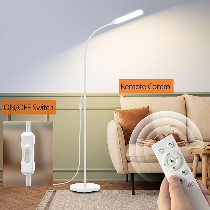 White LED Floor Lamp, 18W 1800lm Super Bright Dimmable Floor Lamps for Living Room Bedroom with Timer, Stepless Adjustable 2700K-6500K Colors & Brightness Standing Lamp with Remote & ON/Off Switch - Bloomnest