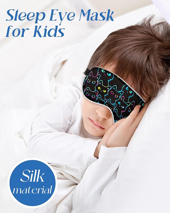 Sleep Mask for Kids - Cute Kawaii Cartoon Silk Sleeping Mask with Adjustable Strap Soft Smooth Light Eye Mask for Sleeping Silk Kids Eye Cover for Boys Girls Teens, Luminous Black Cats - Bloomnest