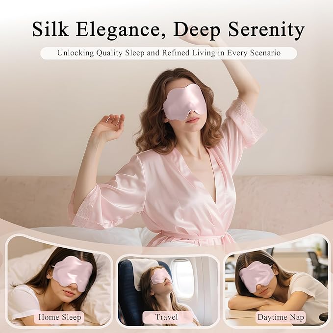 Pink Mulberry Silk Sleep Eye Mask for Men Women, Cloud-Shaped Lightweight Adjustable Hanging-Ear Design (8 Inches), Total Blackout Ready-to-Gift Set for Travel Nap by Timeless Artworks