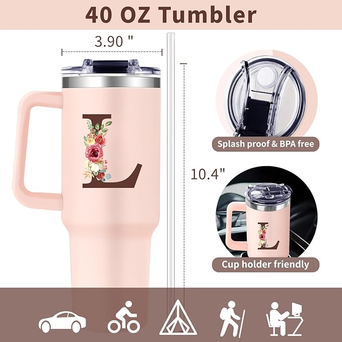 Monogrammed 40oz Tumbler with Handle for Women, Personalized Birthday Gifts for Women,Initial Cups for Woman Floral Letter L,Customized Gifts for Female Lady Gift for Mothers Day Christmas - Bloomnest