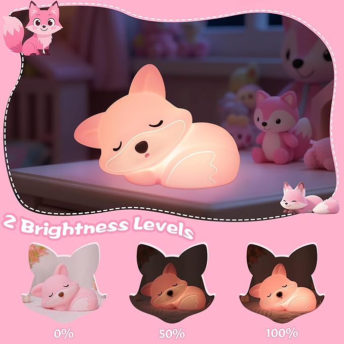 YuanDian Fox Night Light for Girls, Squishy Fox Silicone Lamp Novelty Gifts, Rechargeable Dimmable Timer Bedside Touch Nightlight for Breastfeeding Toddler Baby Kids - Bloomnest