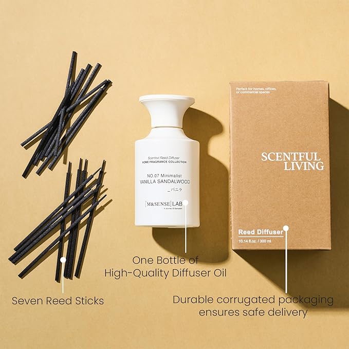 M&SENSE Reed Diffuser Set, 10.14 oz Non Toxic Reed Diffuser Vanilla Sandalwood Scented Home Fragrance Aromatherapy Diffuser for Bedroom Bathroom Office Home Decor Housewarming Gift