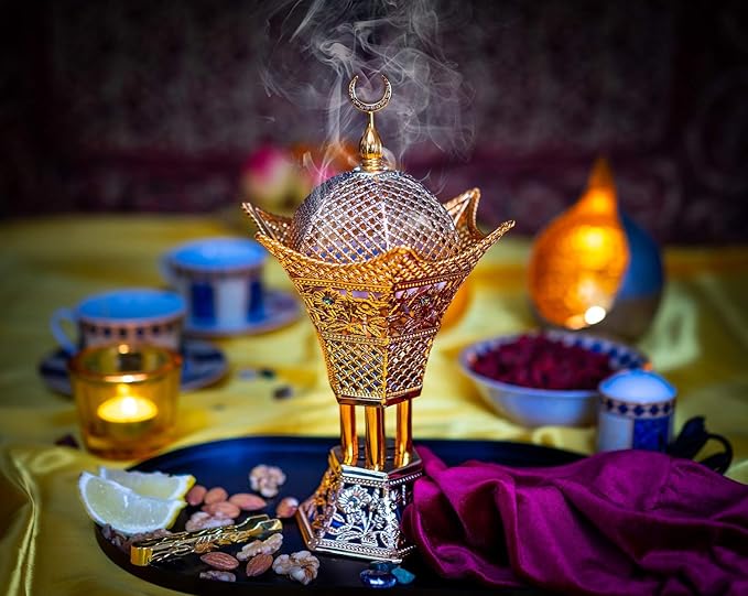 AM Bakhoor Charcoal Incense Burner – Luxury Gold Frankincense Resin Burner for Oud, Bakhoor, Incense Sticks & Cones – Decorative Metal Holder with Removable Lid & Safe Flame Control (Silver) - Bloomnest