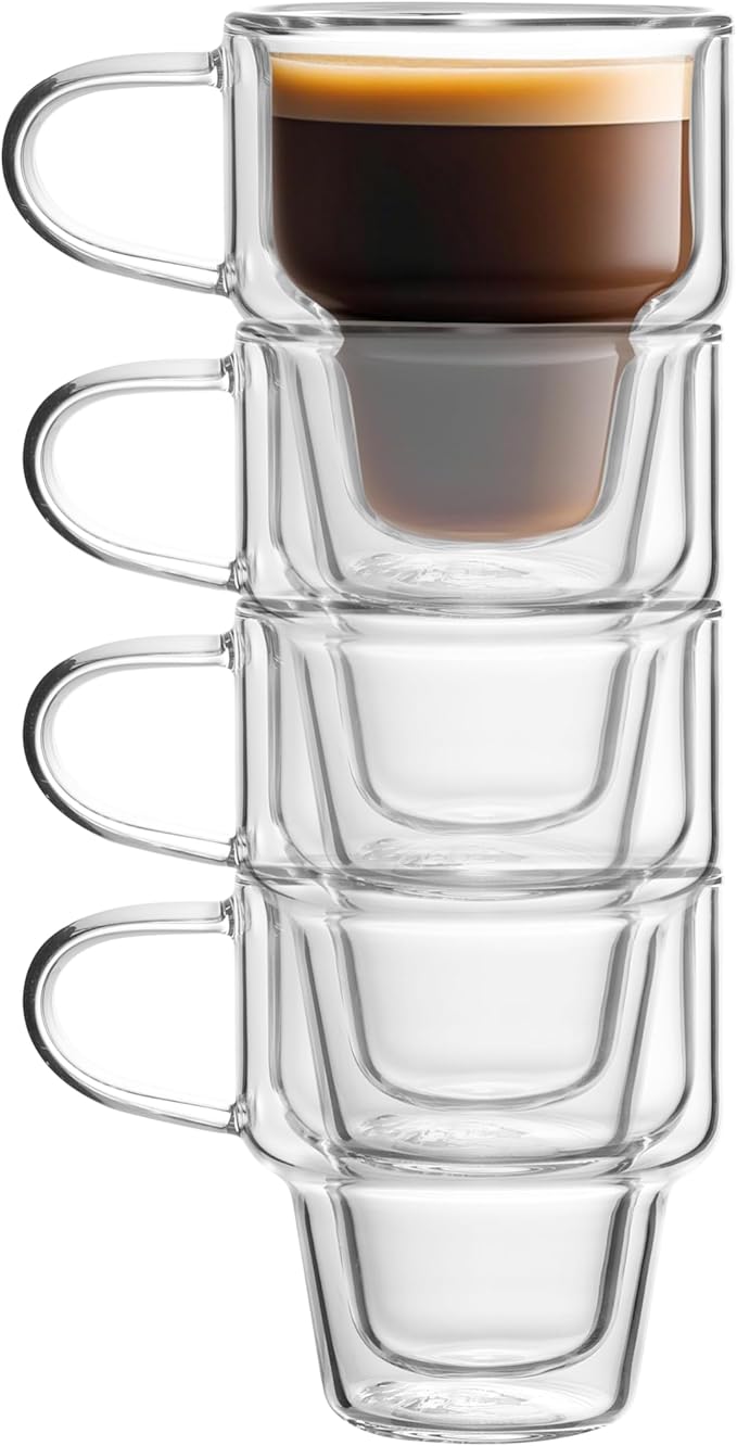 NIRA.Z 4 Pack Double Wall Glass Coffee Mugs 12 OZ Insulated Espresso Cups with Handle, Stackable Thermal Glass Coffee Cups, Ideal for Hot & Cold Drinks, Juice, Americano, Latte, Tea Bags, Cappuccinos - Bloomnest