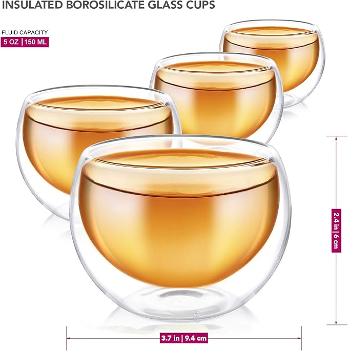 Teabloom Stovetop Safe Glass Teapot with Removable Infuser (40oz/1200ml) and Four Double Walled Glass Cups (5oz/150ml) - Classica Tea Set - Bloomnest