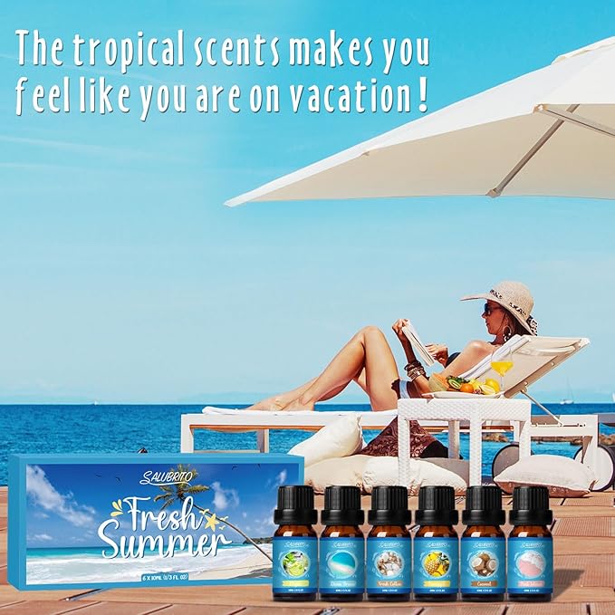 SALUBRITO Summer Fragrance Oils Set, Premium Essential Oils Set for Diffuser, Candle, Soap Making, Fresh Cotton, Coconut, Mojito, Pineapple, Ocean Breeze, Pink Island, Strong Scented Oils - Bloomnest