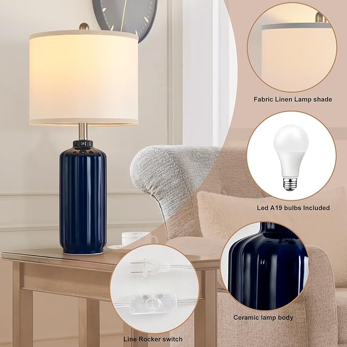 Lamp for Living Room Bedroom Lamps Farmhouse Table Lamps Set of 2 Vertical Stripe Ceramic Table Lamp,Linen Shade with Bulb, 25 in High,Navy Blue - Bloomnest