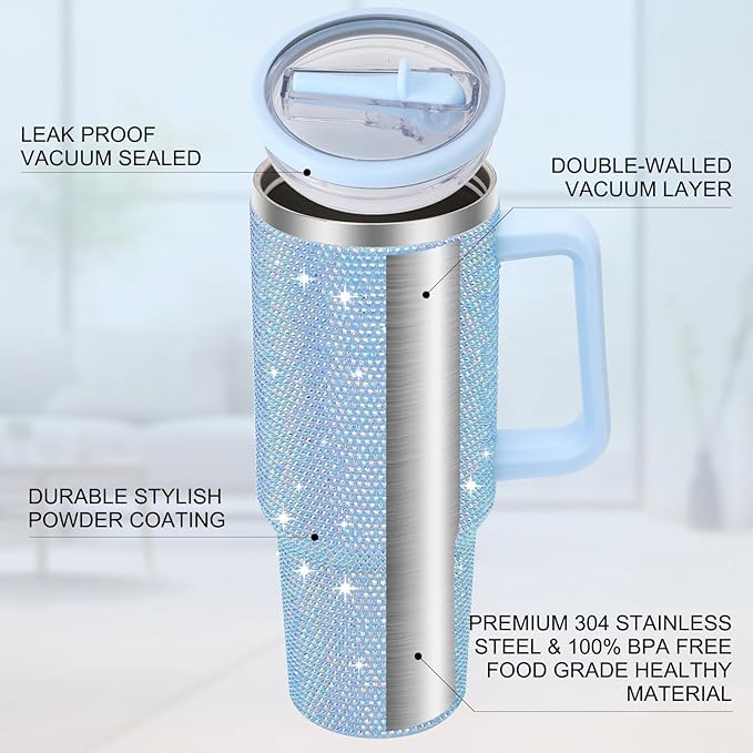 40 oz Tumbler with Handle and Flip Straw Lid, Insulated Leak Proof Double Walled Stainless Steel Rhinestone Diamond Studded Bling Travel Mug Tumblers, Maintains Cold Ice and Heat for Hours - Bloomnest