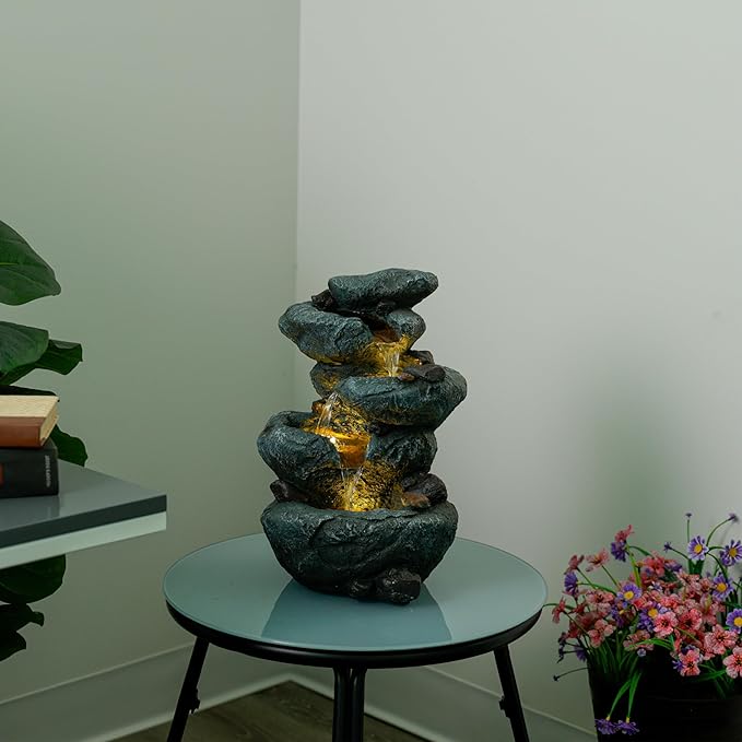 Alpine Corporation TZL418 14" 3 Tier Rock Fountain with LED Lights, Elegant Cascading Water Feature for Tabletop, Indoor Decor, Relaxing Stone Waterfall for Home & Office, Gray - Bloomnest