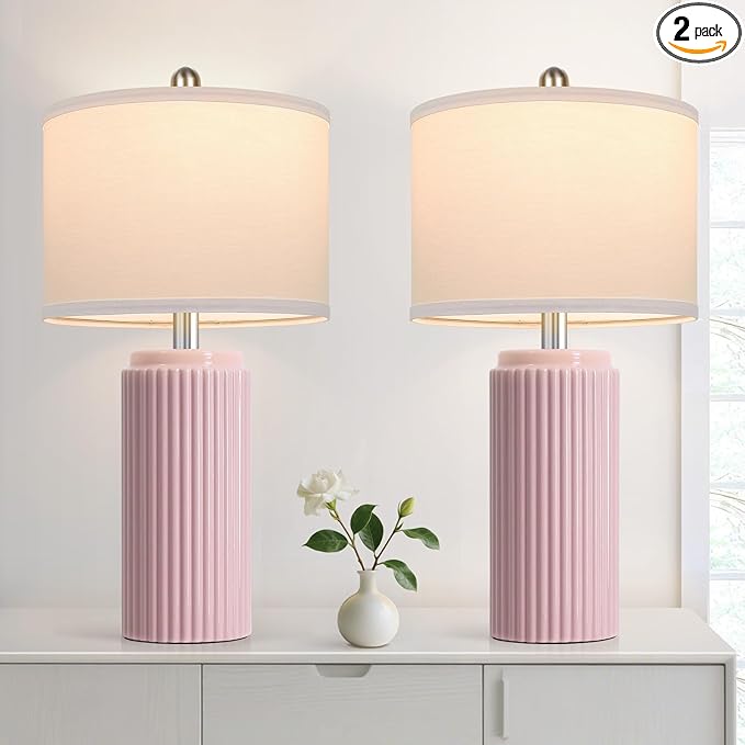 23.5’’ Modern Pink Table Lamps Set of 2 for Living Room, Ceramic Bedside Lamps with White Linen Shade for Girls Room, Rustic Nightstand Lamps for Bedroom Home Office, Cute Lamps for End Table Dorm - Bloomnest