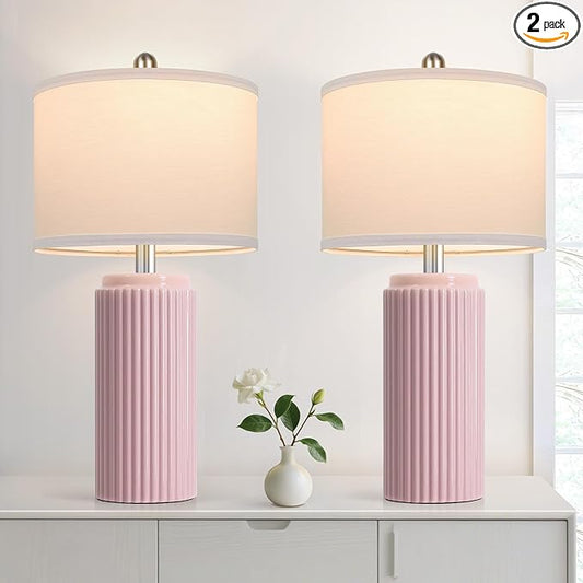 23.5’’ Modern Pink Table Lamps Set of 2 for Living Room, Ceramic Bedside Lamps with White Linen Shade for Girls Room, Rustic Nightstand Lamps for Bedroom Home Office, Cute Lamps for End Table Dorm - Bloomnest