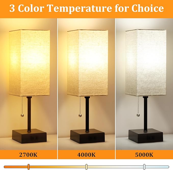 15'' Table Lamp for Bedroom set of 2,3-Color Bedside Lamps with Pull Chain Table Lamps for Night stands with AC Outlet,Small Night Light Lamps with 2 Bulbs Lamps for Living Room Kids Room Office Decor - Bloomnest