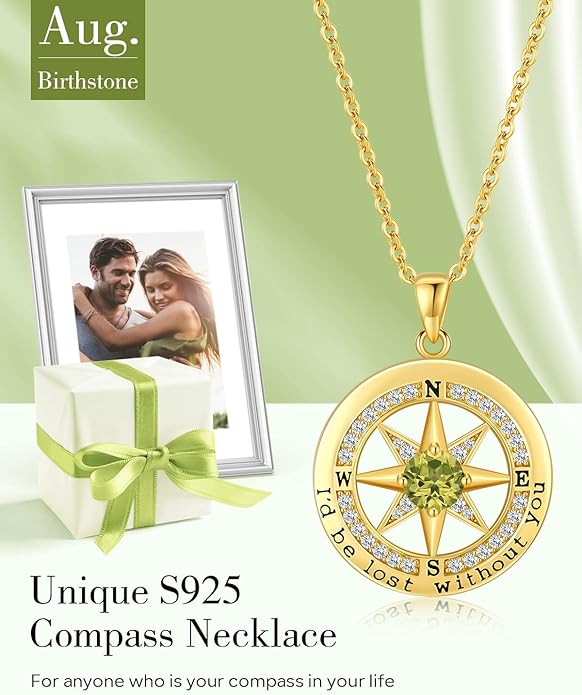 S925 Necklace Gift for Wife |Compass Jewelry |Women Anniversary |Sterling Silver |Girlfriend Birthday Gifts for Her Valentines |I'd be Lost without You |Jewel 18K Gold - Bloomnest