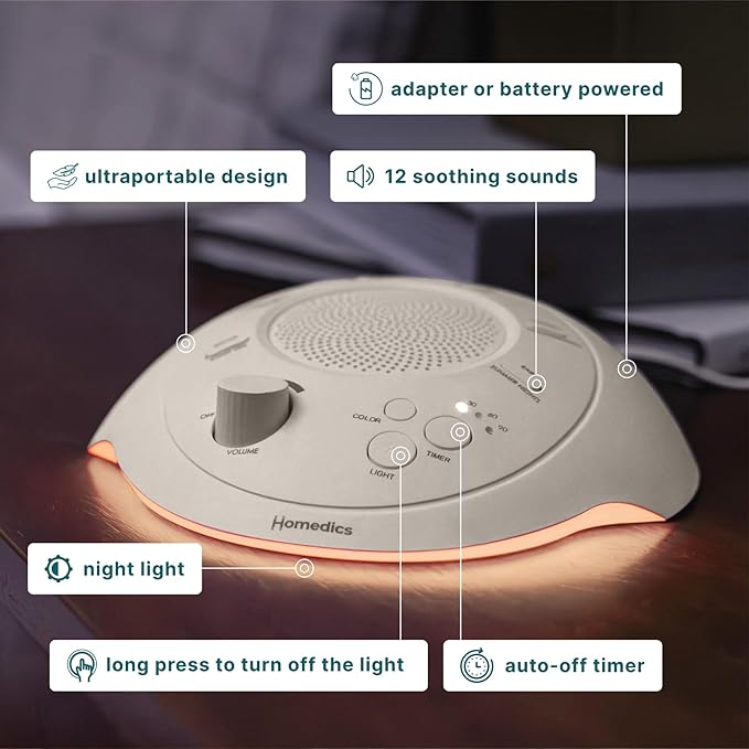 Homedics Sleep Better Portable Sound Machine, Night Light,12 Soothing Sounds Including White Noise, Rain, and Thunderstorm, Ultra-Portable Design, Auto-Off Timer, Ideal for Travel & Baby Sleep, Cream - Bloomnest