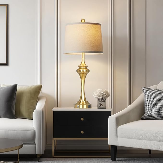 30" Gold Tall Table Lamps for Living Room, Touch Control Modern Bedroom Table Lamp with USB A+C Ports, 3-Way Bedside Lamps Set of 2, Elegant Metal Lamp for Night Stand Desk Side Table Office - Bloomnest