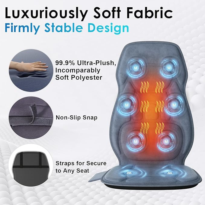 Back Massager with Soft Plush Fabric Cover, Massage Seat Cushion with 8 Vibration Motors & 2 Heating Levels, Chair Massager for Recliner, Office Chair, Sofa Use, Gifts for Dad Mom - Bloomnest