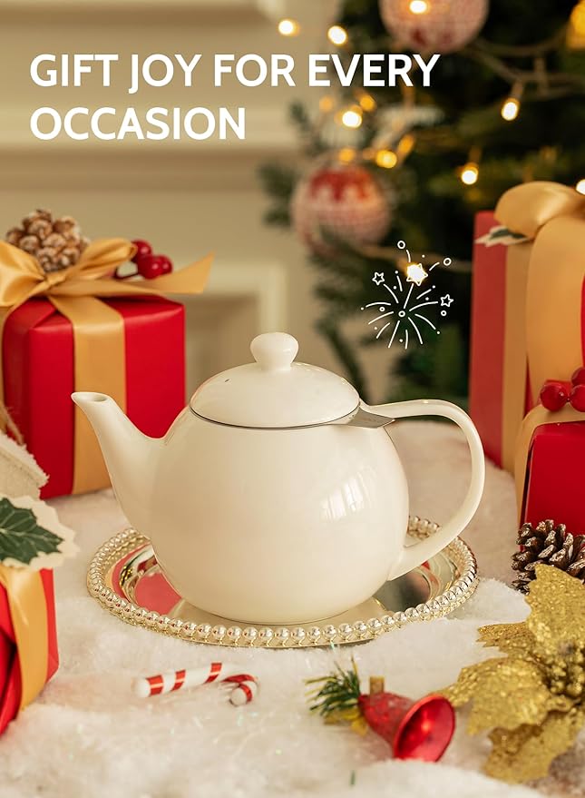 Sweese Teapots for Tea, 27 oz Porcelain Tea pot with Removable Stainless Steel Infuser, Tea Pots for Loose Tea - White - Bloomnest