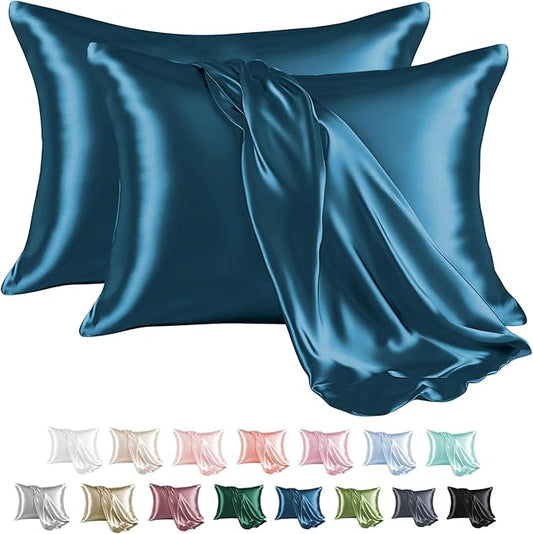 MR&HM Satin Pillowcase for Hair and Skin, Silk Satin Pillowcase 2 Pack, King Size Pillow Cases Set of 2, Silky Pillow Cover with Envelope Closure (20x40, Teal) - Bloomnest