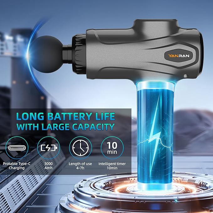 YANRAN Deep Tissue Massage Gun Portable, Percussion Massage Gun with 7 Levels & 6 Massage Heads, Electric Massager for Muscles Pain Relief, Gifts for Men Women Athletes for Sports and Relaxation - Bloomnest