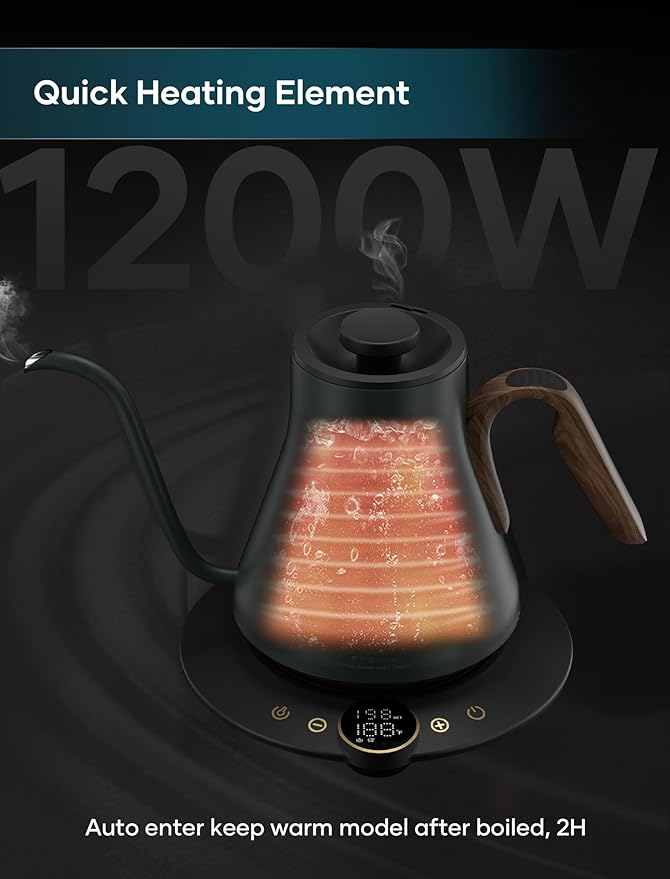 Gooseneck Electric Kettle with ±1℉ Temperature Control for Pour Over Coffee & Tea, Quick Heating, BPA-Free Stainless Steel, Built-in Brew Timer, 1500W/0.9L (Forest Green) - Bloomnest