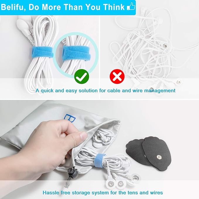 Belifu Dual Channel TENS EMS Unit 24 Modes Muscle Stimulator for Pain Relief Therapy, Electronic Pulse Massager Muscle Massager with 10 Pads, Dust-Proof Drawstring Storage Bag, Fastening Cable Ties Belifu