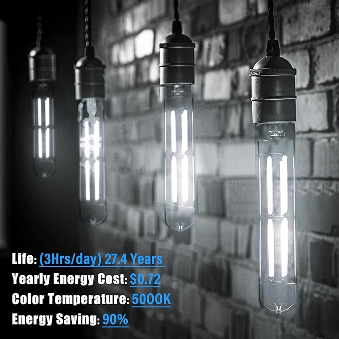 8.9IN LED Light Bulbs E26 Base, 6W 800LM 5000K Daylight White T10 T9 Vintage Edison Bulbs Dimmable, AC 120V Equal 80 Watt Clear Glass Long Tubular Filament Bulb, UL Listed - 4Pack - Bloomnest