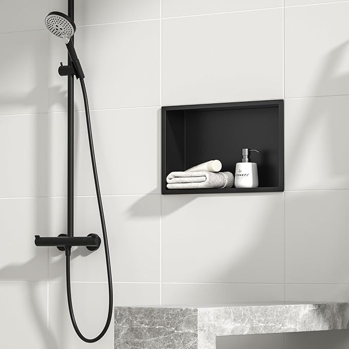 Stainless Steel Shower Niche 20" X 12" Matte Black No Tile Needed Niche Shower Recessed Wall Horizontal Niches for Bathroom Storage Over Mount Installation - Bloomnest