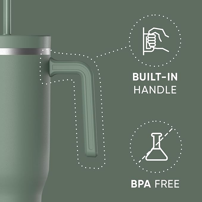 Hydrapeak Voyager 40 Oz Stainless Steel Tumbler with Handle, Insulated Water Bottle With Straw & Lid, Cupholder Friendly Reusable Travel Mug (Sage Leaf) - Bloomnest