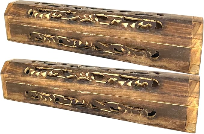 2 Pack Wooden Coffin Incense Sticks Burner - 12 Inches Carved - Storage Compartment, Carved Carving - Bloomnest