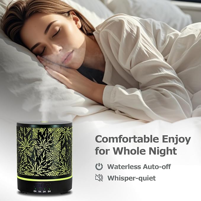 Essential Oil Diffuser Metal Aromatherapy Oil Diffusers for Large Room,Maple Leaf Pattern Ultrasonic Cool Mist Diffuser with Waterless Auto Shut-Off Protection,for Home Office,300ML - Bloomnest
