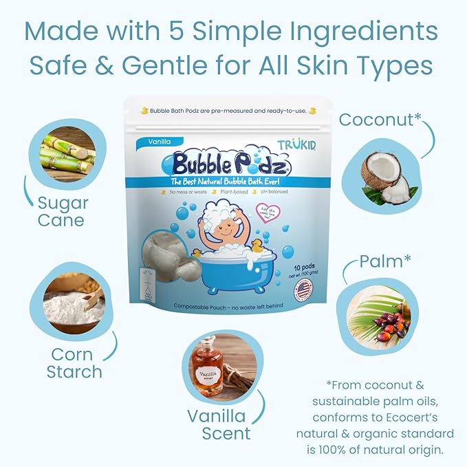 TruKid Bubble Podz Bubble Bath for Kids, Toddlers, & Babies, Tear Free Gentle & Refreshing Bath Bomb for Sensitive Skin with Natural Moisturizers, Non-Toxic, pH Balanced, Vanilla Scent (10 Podz) - Bloomnest